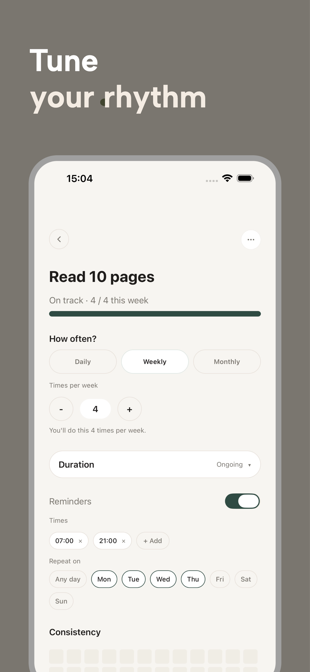 Still habit detail screen with flexible weekly cadence and reminders